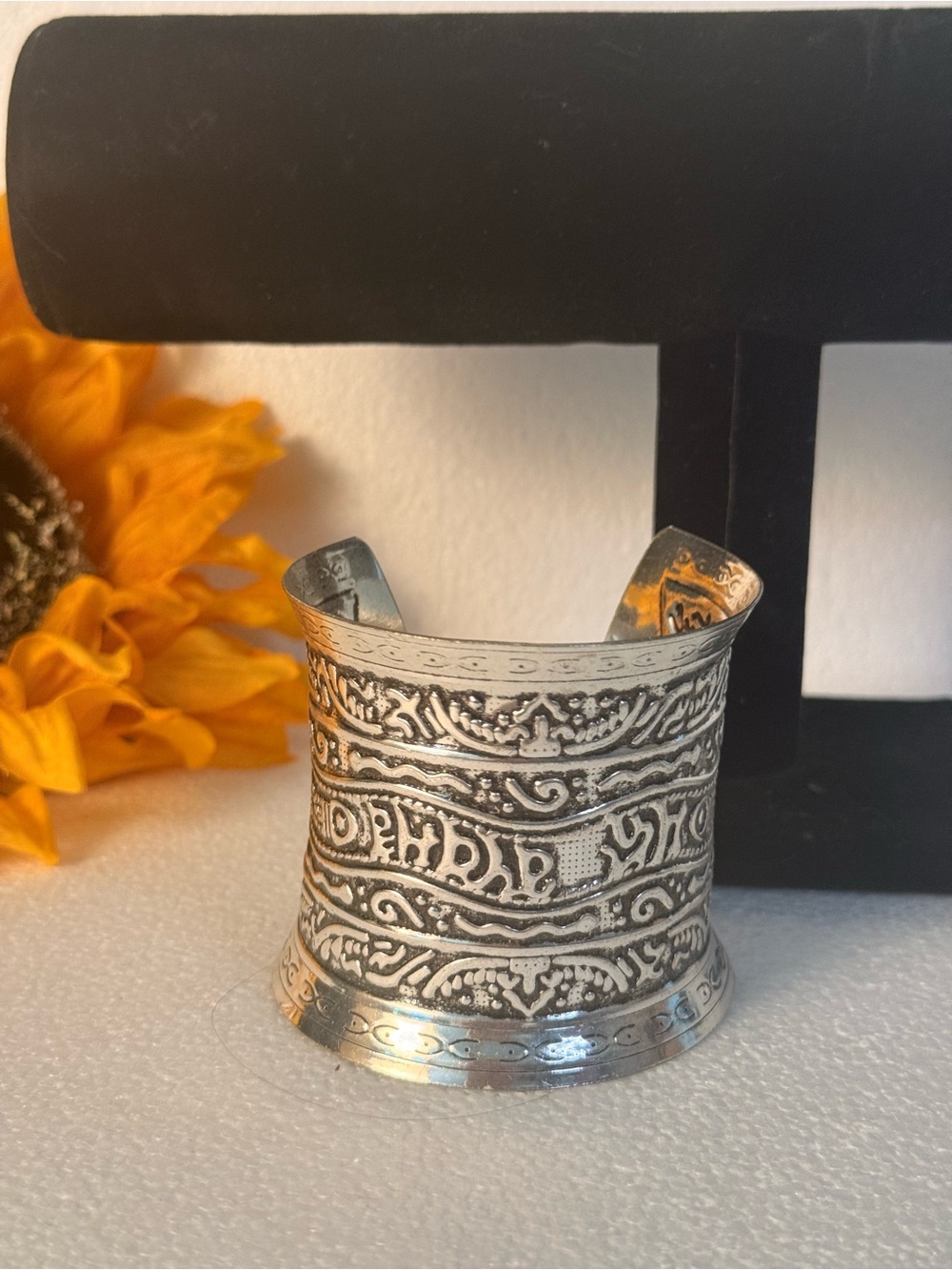 Etched Silver-Tone Wide Cuff Bracelet - Silver Ornamental Design